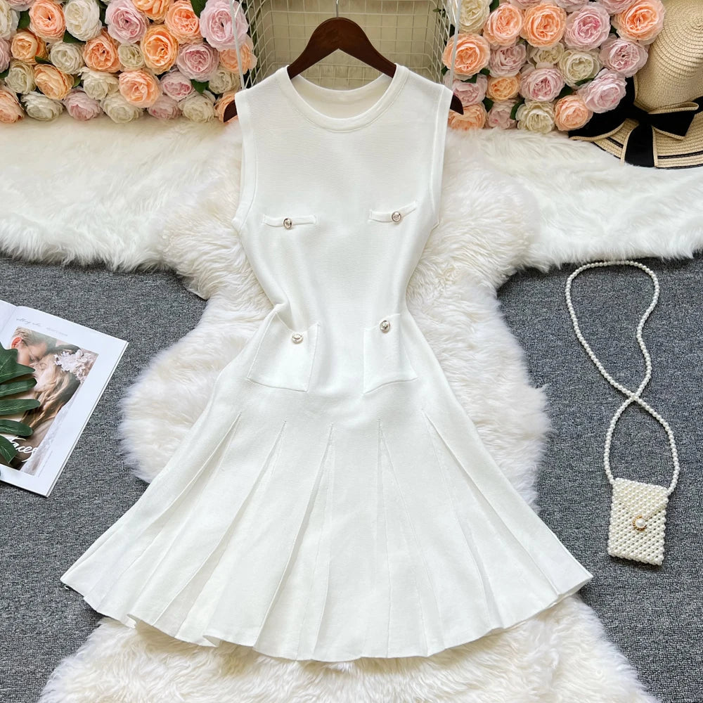 Chic Fashion 2026 Summer Pleated Short Dress Women O-neck Slim Waist A-line Party Dress Streetwear Lady Outfits Vestido