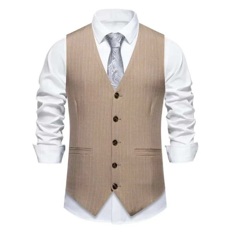 Men Suit Vest British Style Striped Business Casual Man Waistcoat Slim V-neck Single-breasted Versatile Male Vest