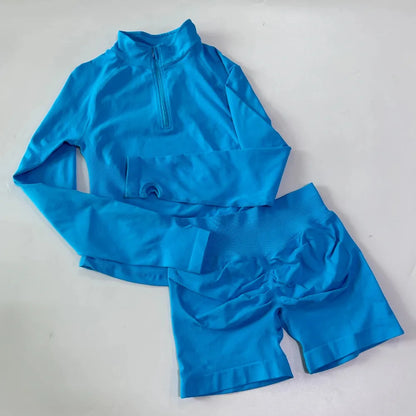 Long Sleeve Yoga Set for Women, High Waist Running Shorts &  Top Workout Outfit, Seamless Gym Clothes 2 Piece Set, Fitness Loung