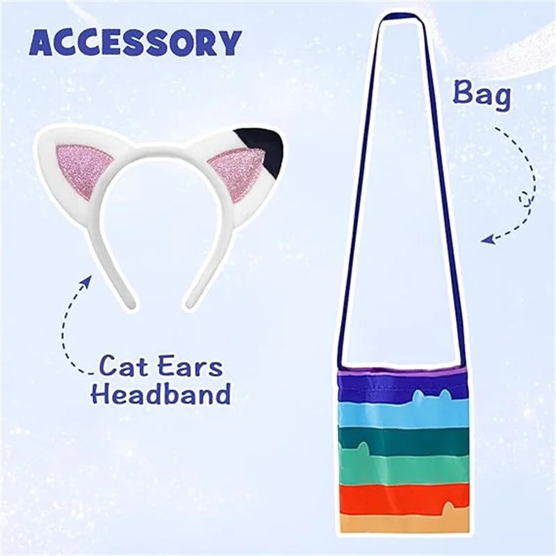 Girls Rainbow Striped T-Shirt Tutu Skirt With Cat Ears Headband Set Halloween Carnival Cosplay Costume Kids Birthday Clothing