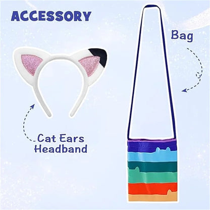 Girls Rainbow Striped T-Shirt Tutu Skirt With Cat Ears Headband Set Halloween Carnival Cosplay Costume Kids Birthday Clothing