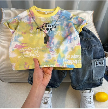 Korean Children's Summer Clothes Kids Set Outfits Boys 2026 Handsome Sleeveless&Short Sleeved T-shirt Denim Shorts 2-piece Set