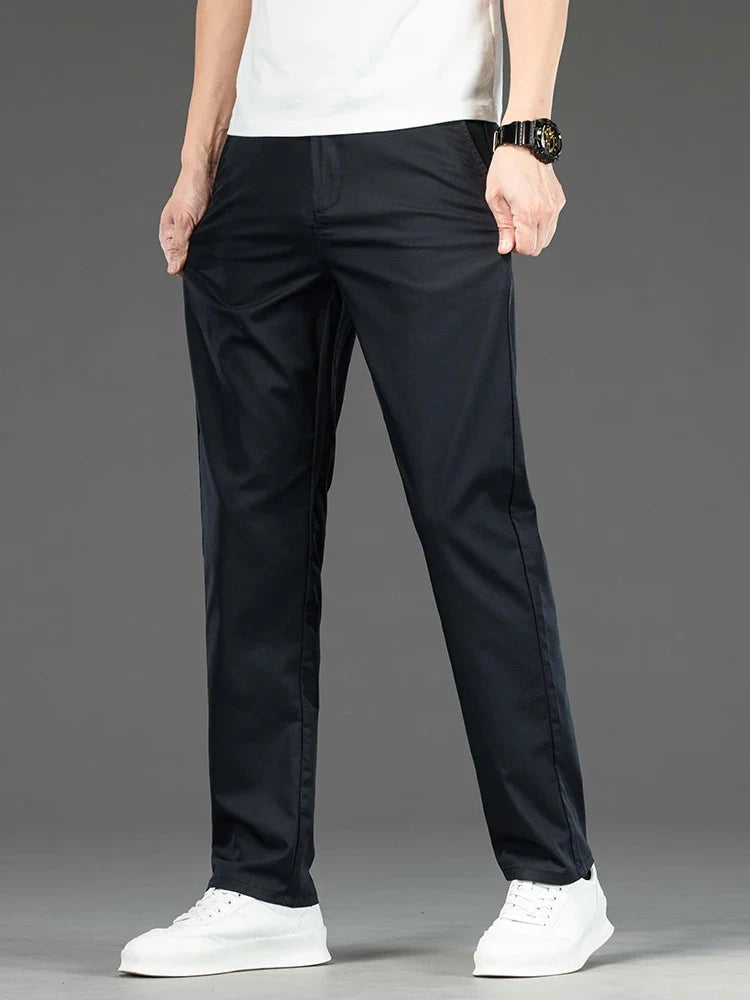 Spring Summer New Men's Casual Pants Thin Mulberry Silk Soft Business Casual Trousers Slim Straight Elastic Suit Pants Male
