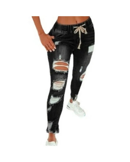 Women's S-5XL Size Tight Waist Jeans Women's Mid Waist Lace up Slim Fit Elastic Feet Pants Perforated Denim Pants