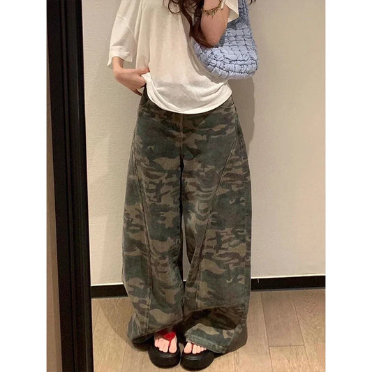 Womens Military Green Jeans High Waist Vintage Straight Baggy Hip Hop American Fashion Wide Leg Denim Trouser Y2K Denim Pants