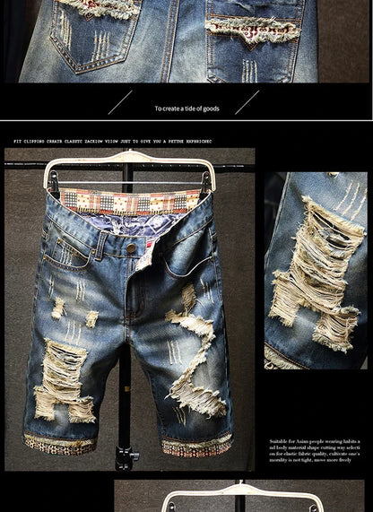 Streetwear Men's Ripped Denim Shorts Straight Slim Fashion Hip Hop Short Pants Big Hole Vintage Knee Length Jeans