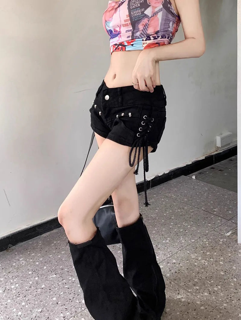Black Gothic Punk Denim Shorts for Women Creativity Lace-Up Popular Y2K Cowboy Short Pants Lady Sexy Skinny Elastic Jean Shorts