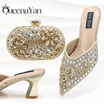 Luxury Pink Rhinestone Party Shoes and Clutch for Women- Elegant Crystal Heels with Matching Evening Bag