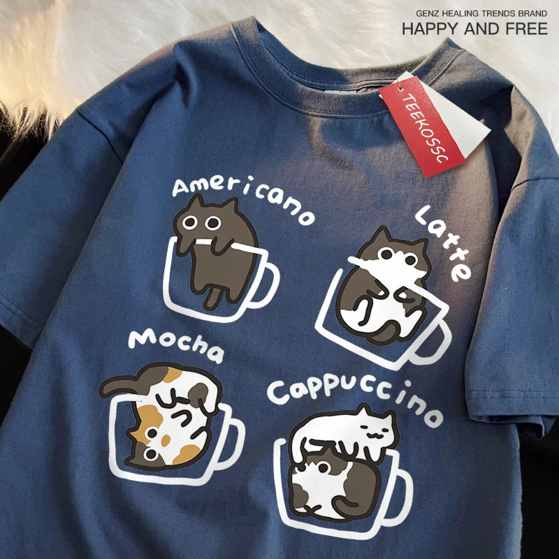 American Style Coffee Cat Japanese Style Tshirts Man Casual Breathable Cotton Loose Summer T-Shirt Loose Cotton Oversize T Shirt