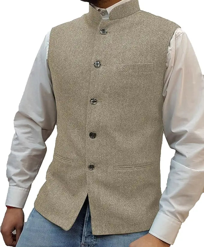 Men's Suit Vest Elegant Sleeveless Stand Collar Business Button Slim Fit Herringbone Waistcoat For Wedding