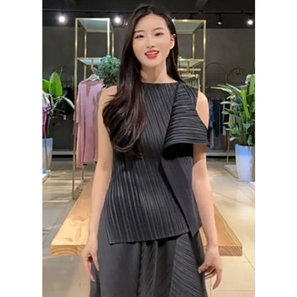 Sleeveless T-shirt Miyake Pleated Summer New Round Neck Slim Thin Versatile Irregular Women's Undershirt Tops Multiple Ways Wear