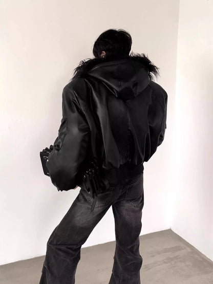 Spring Autumn Cool Short Oversized Black Warm Pu Leather Jacket Men with Faux Fur Trim Hood Luxury Designer Clothes