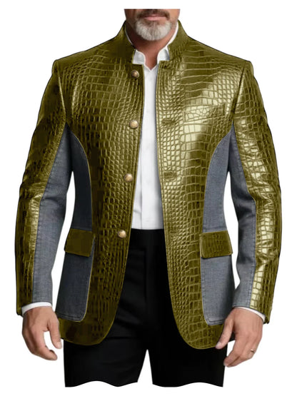 Men's Crocodile Embossed Leather Brown Jacket Patchwork Denim Stand Collar Slim Fit Luxury PU Blazer For Business Casual Party