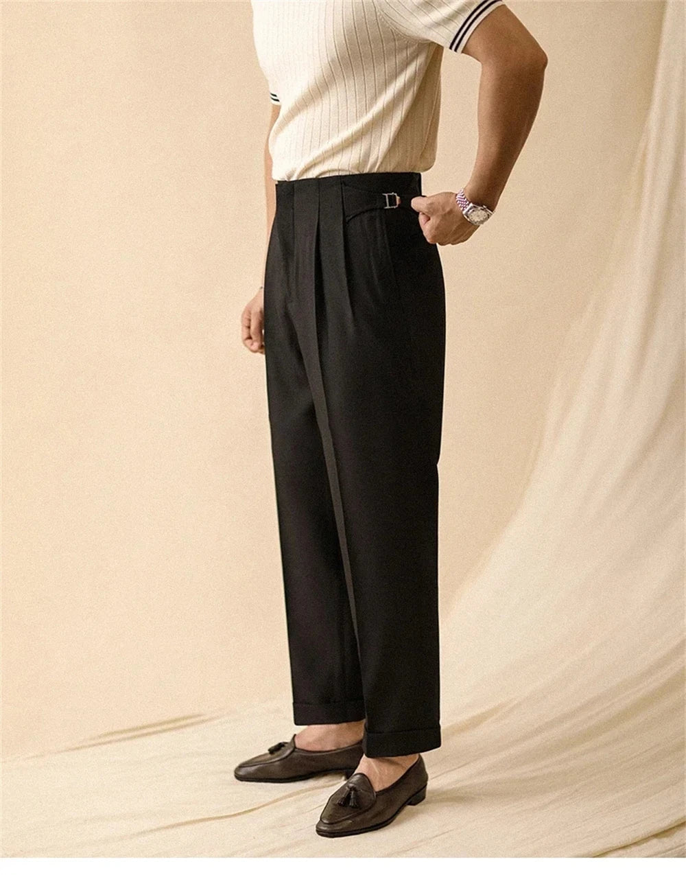 New Men's Summer Straight Pants Paris Button Non Ironing Loose Fitting Business Naples Casual Pants High Waisted Office Trousers
