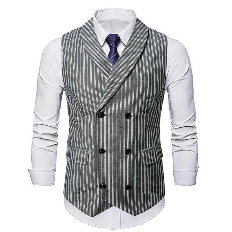 Man Suit Vest Vintage Striped Double-breasted Men Waistcoat British Style Slim Sleeveless Casual Versatile Male Vest