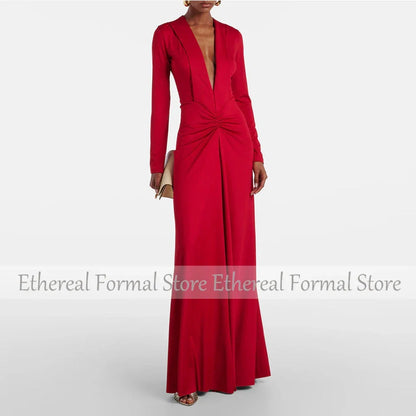 Modern V Neck Red Women's Evening Gown Sheath Floor Length Formal Party Dress PLeat Prom Dress Long Sleeves Saudi Dress