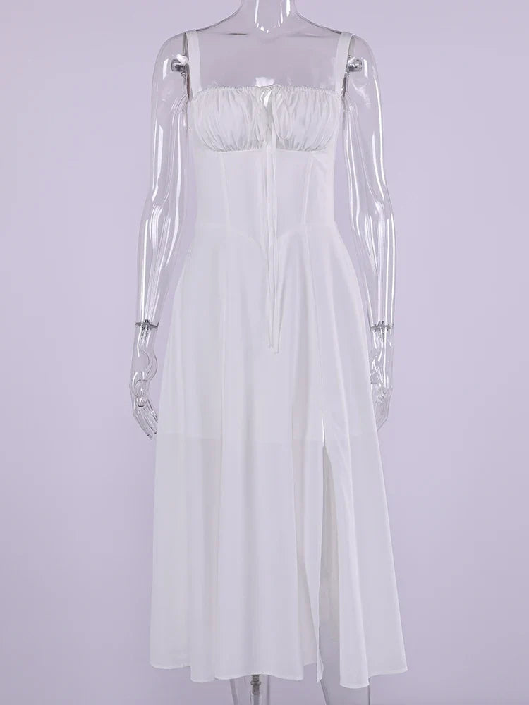 Summer Sweet Solid Sleeveless Long Dress Women Fashion Bandage Camisole Dresses Padded Boned Robe Elegant Party Vestidos