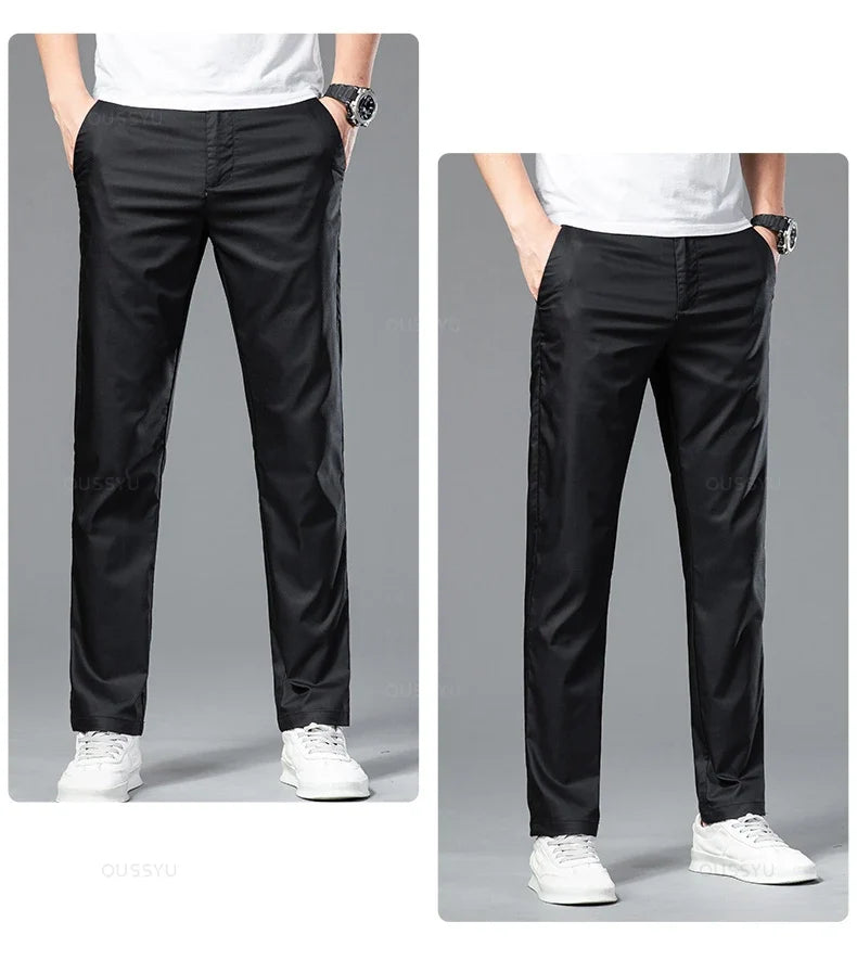 New Summer Cosy Soft Bamboo Fiber Straight Suit Pants Men Business Stretch Thin Navy Blue Casual Trousers Male Large Size 40 42