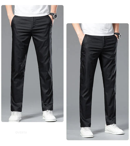 New Summer Cosy Soft Bamboo Fiber Straight Suit Pants Men Business Stretch Thin Navy Blue Casual Trousers Male Large Size 40 42