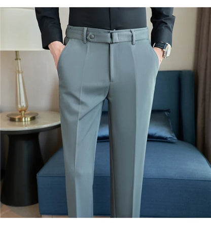Fashion Belt Decoration Design Men's Suit Pants High Quality Business Slim Fit Casual Straight Formal Wedding Party Trousers