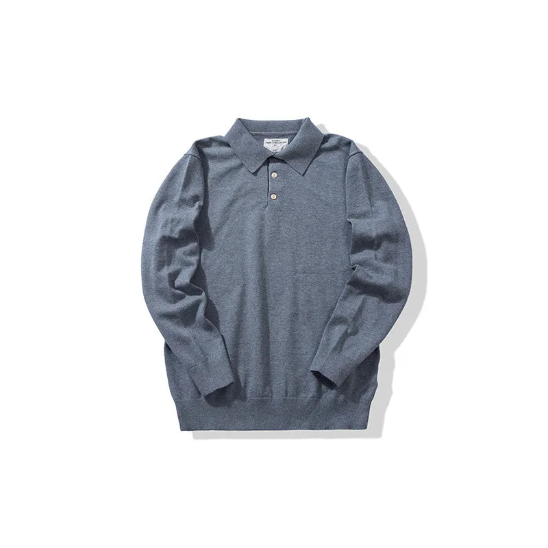 New American Retro Lapel Knitted POLO Shirt Pure Cotton Sweater Pullover Bottoming Casual Sweater Long Sleeve Men