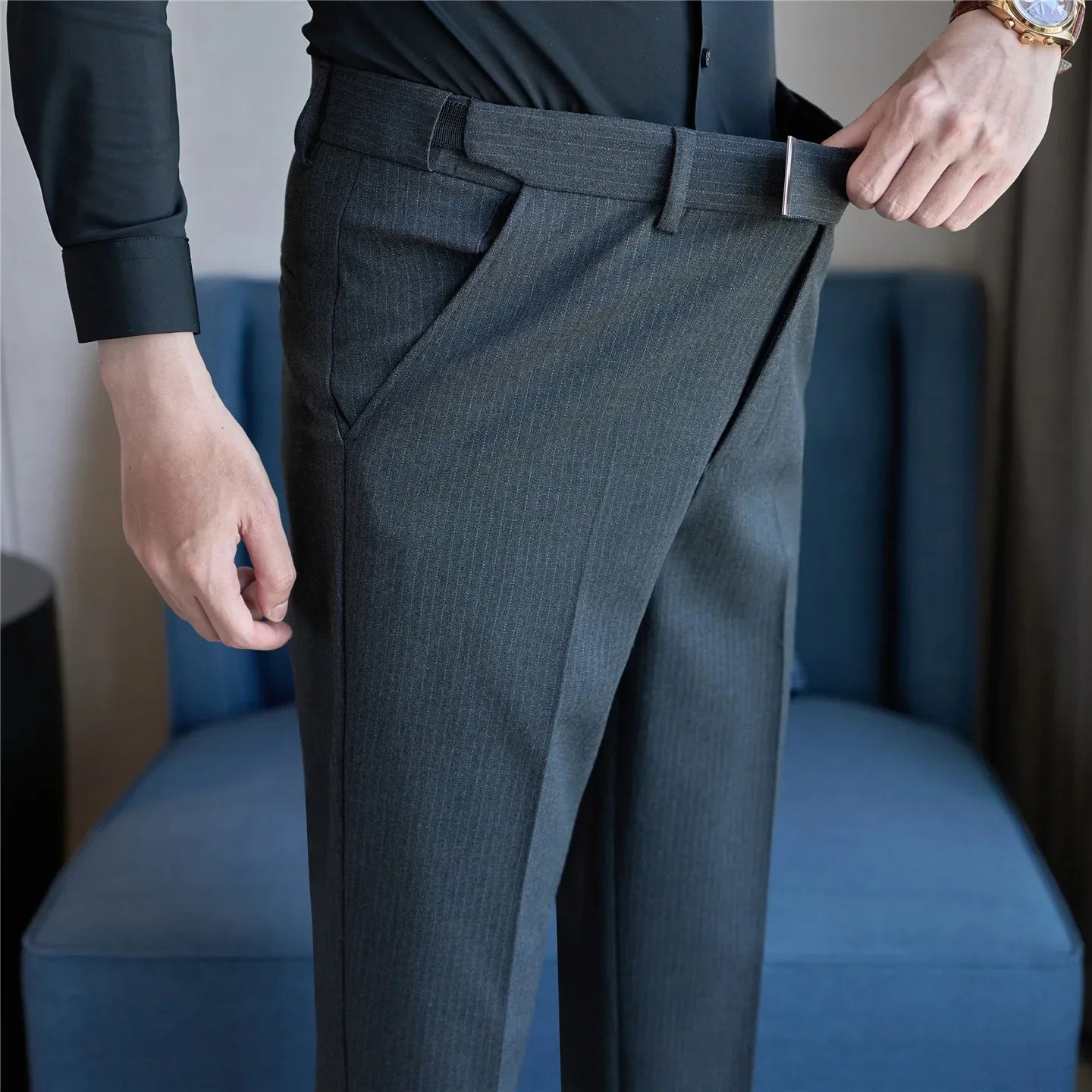 High Quality Hidden Elastic Waistband Metal Decorative Design Casual Pants Fashion Striped Slim Fit Office Social Men's Trousers