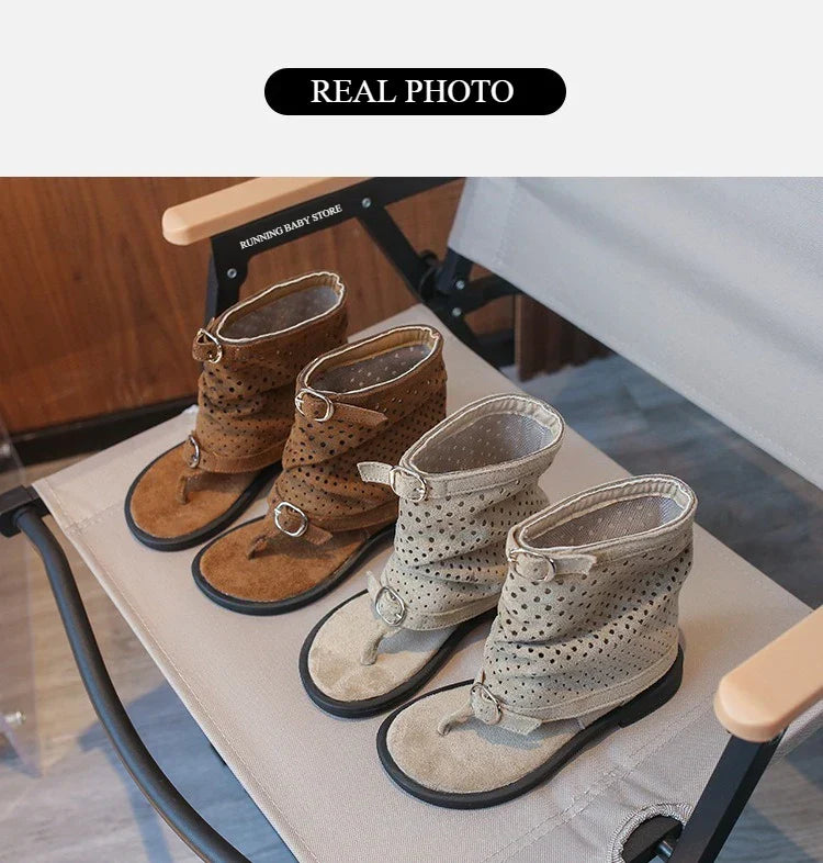 Ankle-strap Summer Slouchy Boots for Girls Suede Leather High-top Sandals Princess Cut-outs Flip Flop Dress Shoes Child J03203
