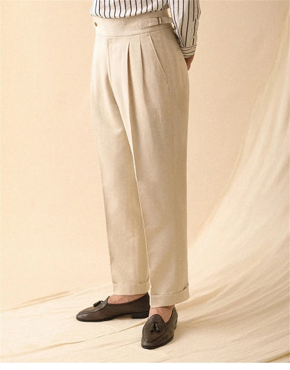 Linen Straight Pant For Men Summer Business Gentleman Naples Pant Paris Buckle Drape High Waisted Trousers Men Formal Pant