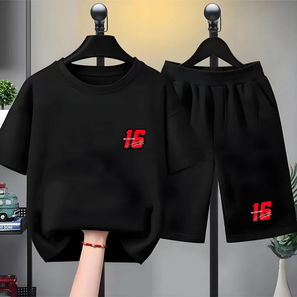 Summer Kids T-Shirt White Round Neck Tops+Shorts Boy Girl Charles Leclerc Racing Car No. 16 Clothing Sets Casual Cool Tees
