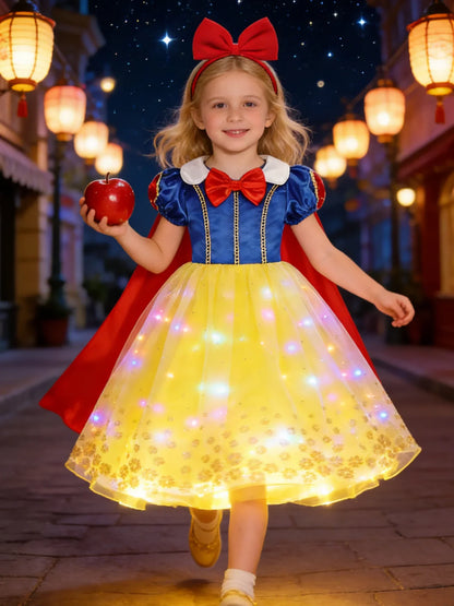 Popular Movie LED Princess Dress, White Snow Dress, With Cape And Headpiece For Halloween Carnival Birthday Party Cosplay
