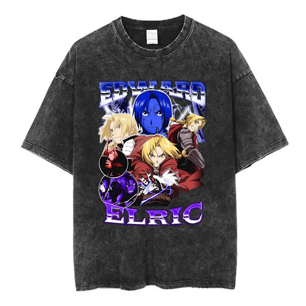 Anime Fullmetal Alchemist Washed T Shirts Edward Elric Alphonse Elric T-Shirt Men's Women Fashion Casual Oversized T-shirts Tops