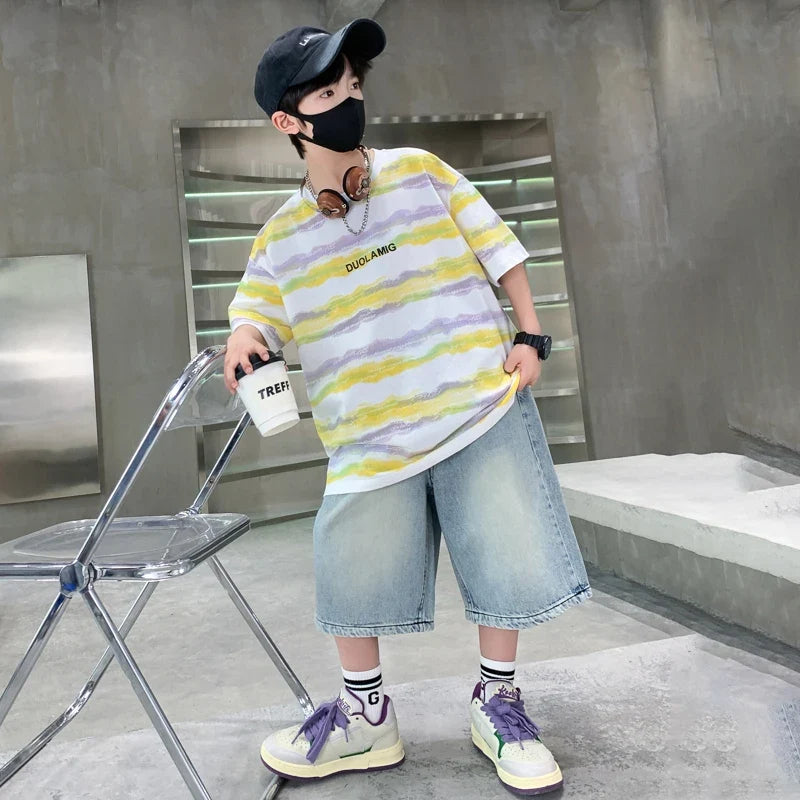 2025 New Arrival Summer Boy Clothing Set Yellow Stripe Tshirt + Denim Shorts Two Pieces Outfit Clothes Set for Kids Child 5-14T