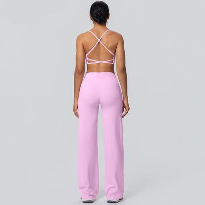 Women Gym Sports Yoga Suit Sexy Beautiful Back Yoga Underwear With Chest Pad Solid Color High Waisted Wide Leg Pants Yoga Set
