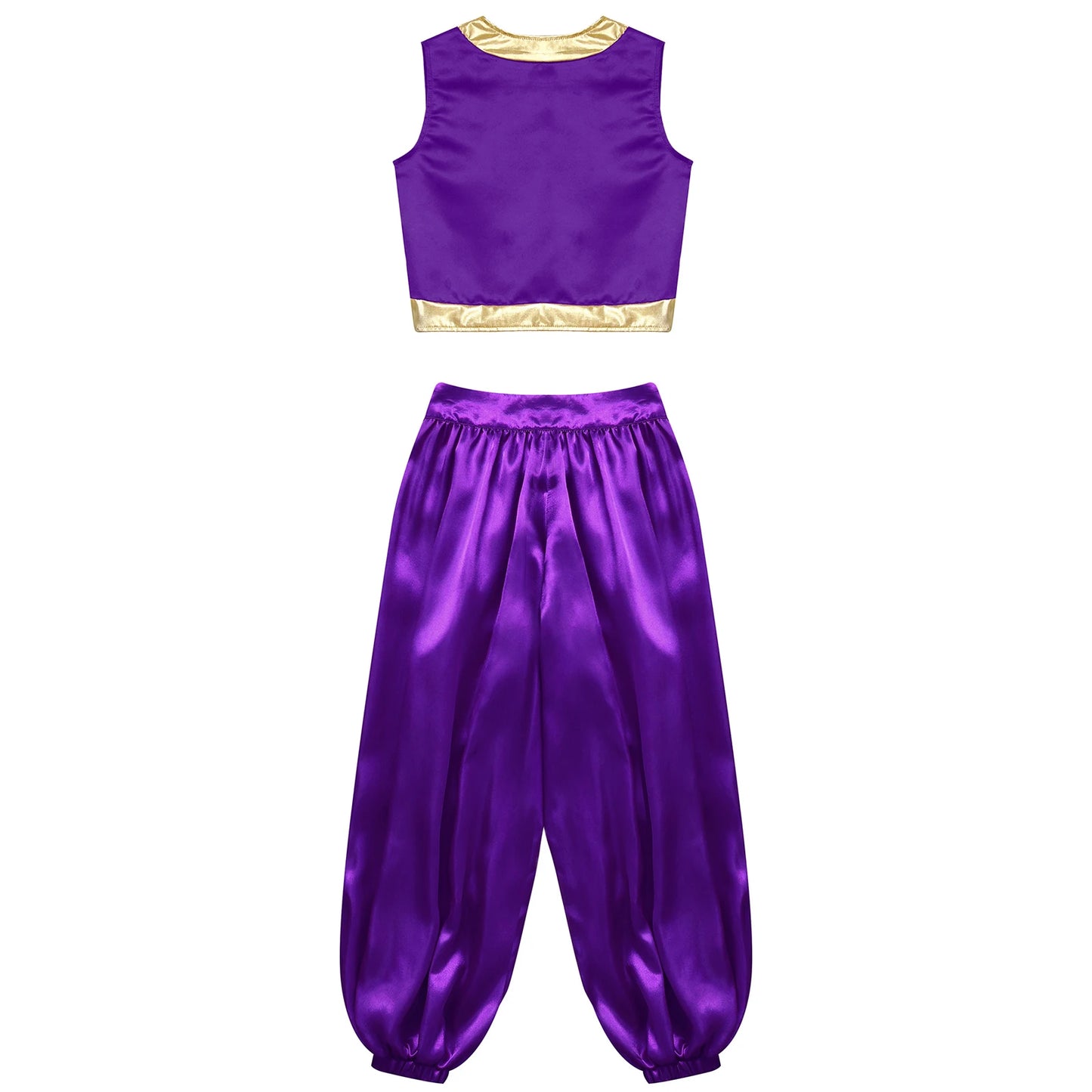 Boys Girls Prince Costume Arabian Prince Fairy Tale Character Cosplay Suits Belly Dance Golden Trim Vest with Satin Bloomer Set