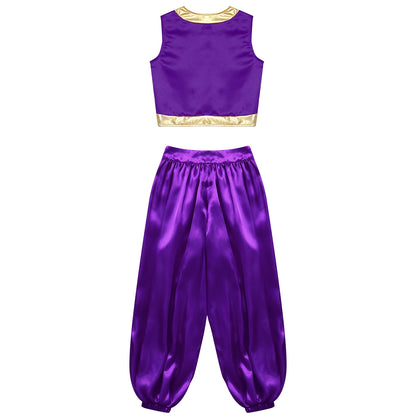Boys Girls Prince Costume Arabian Prince Fairy Tale Character Cosplay Suits Belly Dance Golden Trim Vest with Satin Bloomer Set