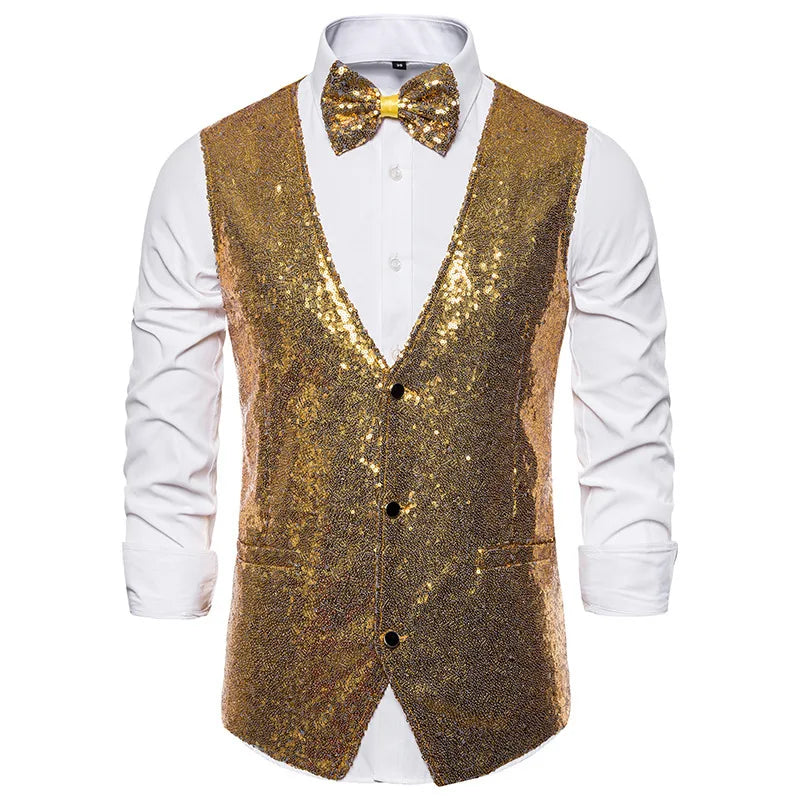 2026 Men's Shiny Gold Sequin Glitter Embellished Blazer Waistcoat Night Club Blazer Wedding Party Waistcoat Stage Singers Vest