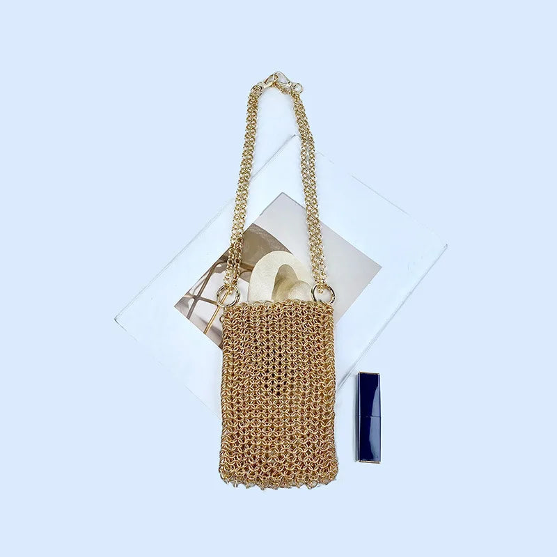 Metallic Hauberk Shoulder Bag Woven Ring Tote Chain Mail Designer Purses and Handbags Handmade Hollow Crossbody Bags for Women