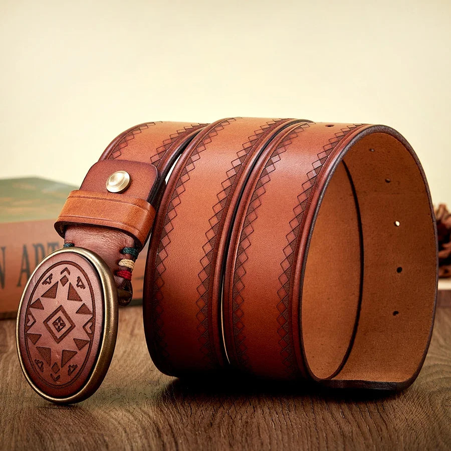 Real Genuine Leather High Quality Brass Buckle Jeans Casual Belt Extra Thick Cowhide Designer Laser Engraved Pattern Men's Belt