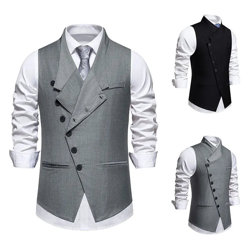 Man Suit Vest Spring Autumn Thin Solid Stand Collar Male Waist Slim Sleeveless Single-breasted Business Wedding Men Vest