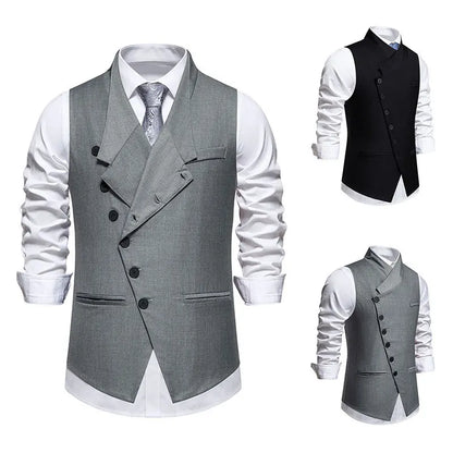 Man Suit Vest Spring Autumn Thin Solid Stand Collar Male Waist Slim Sleeveless Single-breasted Business Wedding Men Vest