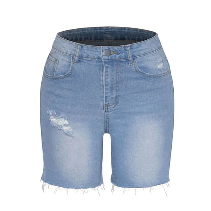 Women Summer Street Denim Shorts High Waist Ripped Hole Stretch Jean Short Pants