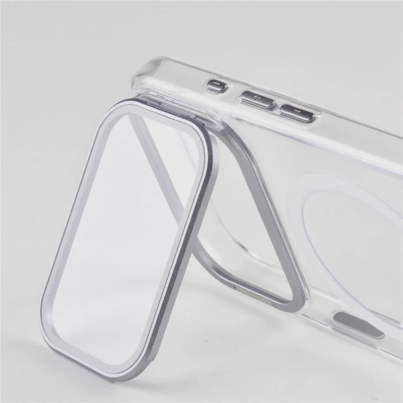 For Magsafe Folding Lens Holder Clear Magnetic Case For iPhone 17Pro Max 15 16Pro 17 With Camera Tempered Glass Hard Back Cover