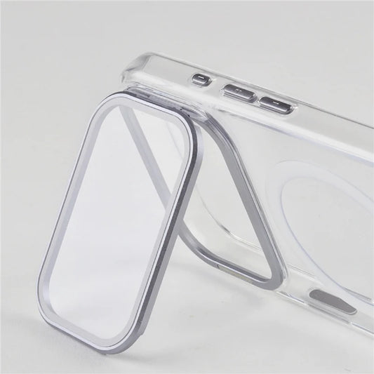 For Magsafe Folding Lens Holder Clear Magnetic Case For iPhone 17Pro Max 15 16Pro 17 With Camera Tempered Glass Hard Back Cover