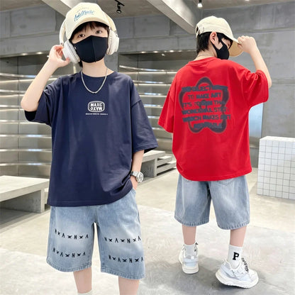6-16 Year Children Short Sleeve Top And Bottom Clothing Set for Tween Boys Casual Streetwear Outfit Kids New Summer Clothes Suit