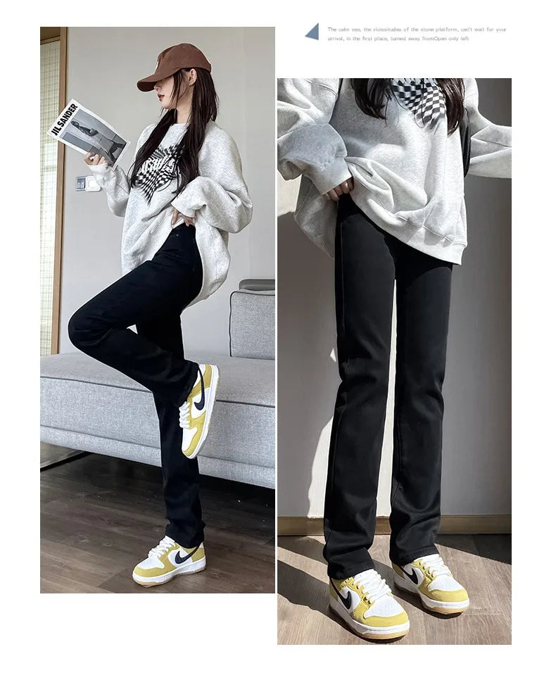 Black 2024 Winter Straight Fleece Jeans Women Casual Vintage Warm Thick Loose High Waist Elastic Velvet Denim Pants