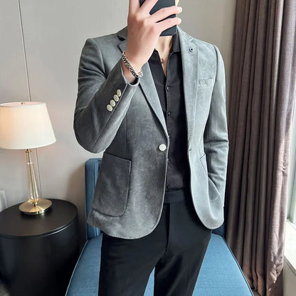 High-quality, fashionable men's stylish, versatile and trendy Korean-style slimming suede business casual suit