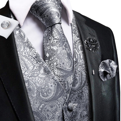 Luxury Mens Vests Black Gold Floral Jacquard Waistcoat Tie Hanky Cufflinks Brooch Set for Men Suit Wedding Office XL