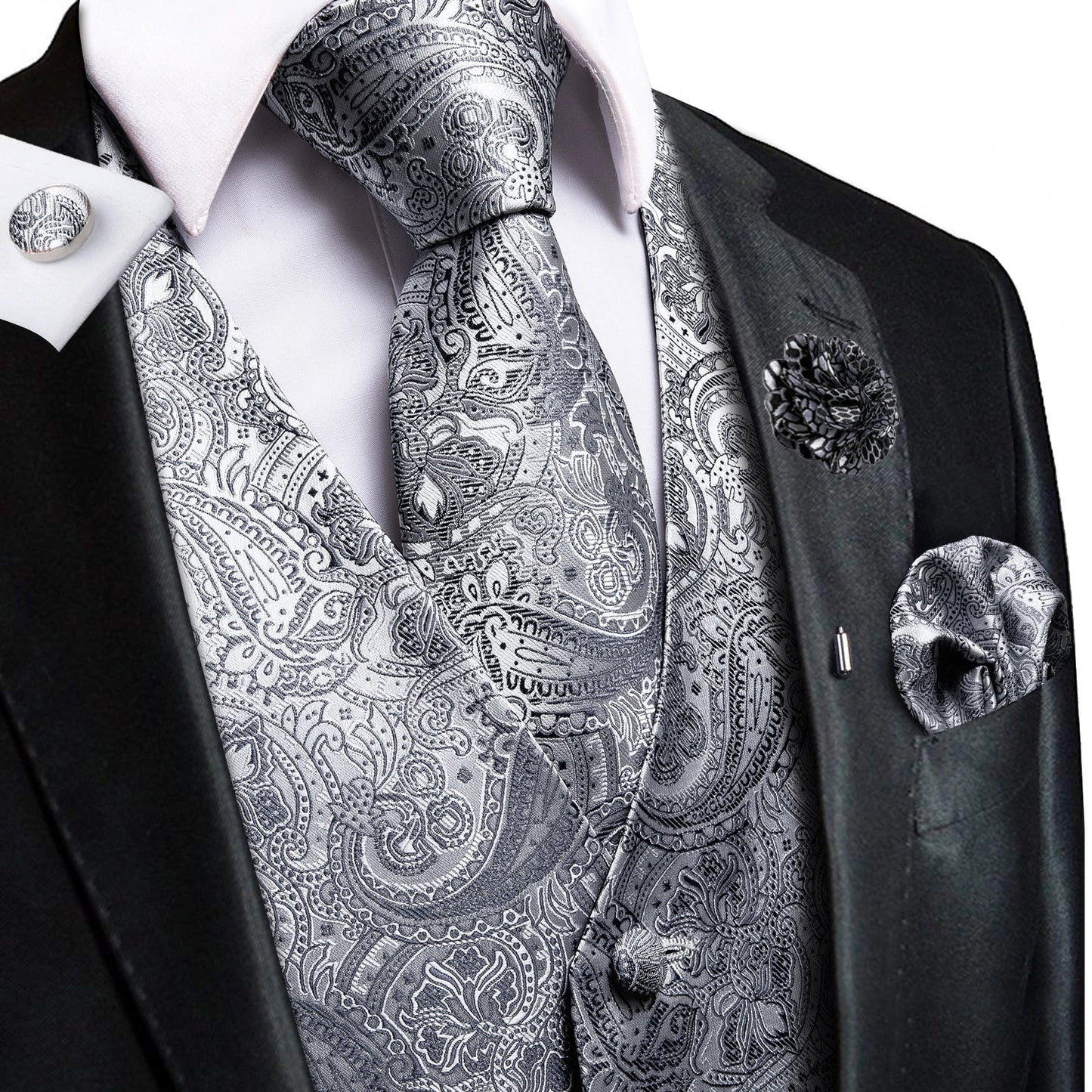High Quality Silk Mens Vests Champagne Paisley Waistcoat Neck Tie Hanky Cufflinks Brooch Set for Men Suit Wedding Office