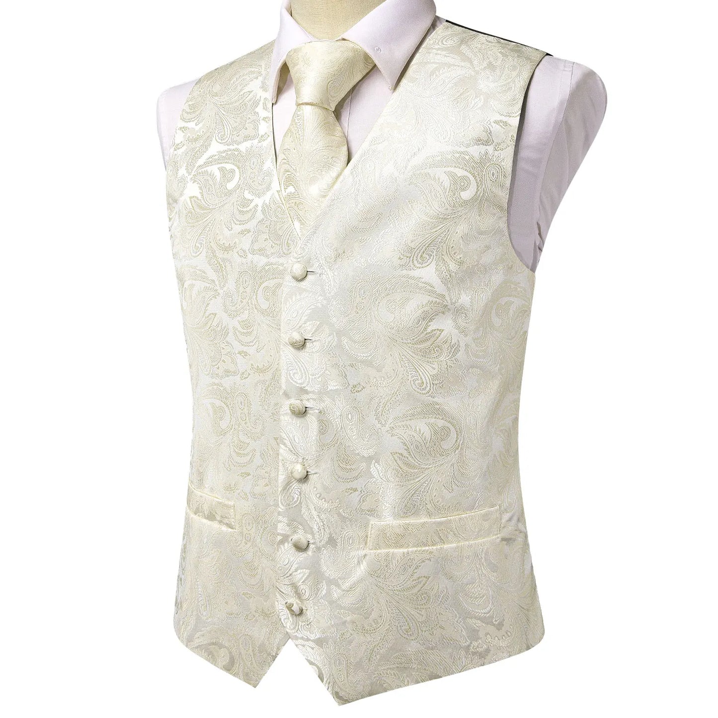 Silk Mens Waistcoat Tie Set Gold Brown Orange Beige Ivory Khaki Bronze Sleeveless Jacket Suit Vest Necktie Hanky Cufflink