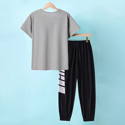 2-pcs Summer Youth Fashion Letter Set 13-16 Year Old Boys and Girls Simple and Versatile Letter Short Sleeve T-shirt Black Pants